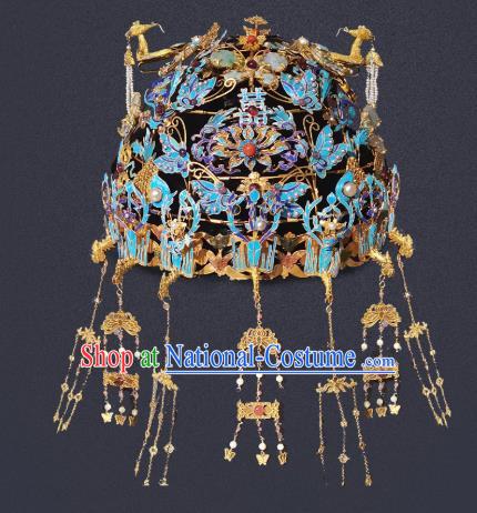 Chinese Traditional Ming Dynasty Cloisonne Phoenix Coronet Ancient Empress Tassel Hair Crown