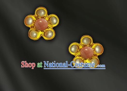 China Traditional Cheongsam Rose Quartz Earrings Handmade Golden Plum Blossom Ear Accessories