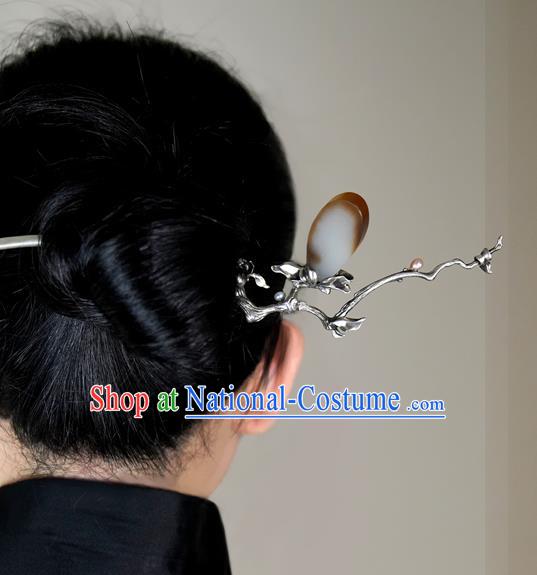 Chinese National Silver Mangnolia Hair Stick Traditional Cheongsam Hetian Jade Hairpin