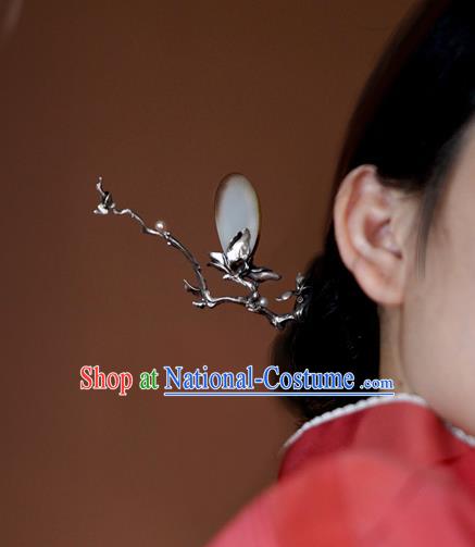 Chinese National Silver Mangnolia Hair Stick Traditional Cheongsam Hetian Jade Hairpin