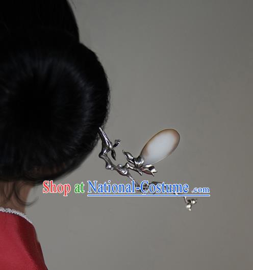 Chinese National Silver Mangnolia Hair Stick Traditional Cheongsam Hetian Jade Hairpin