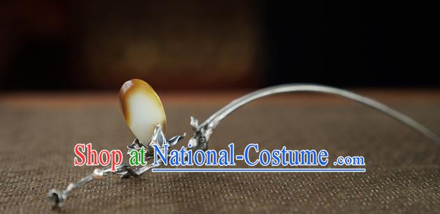 Chinese National Silver Mangnolia Hair Stick Traditional Cheongsam Hetian Jade Hairpin