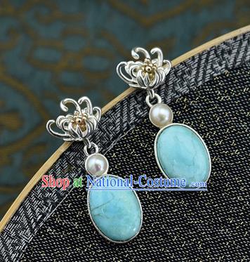 China Traditional Cheongsam Silver Chrysanthemum Earrings Handmade Kallaite Ear Accessories