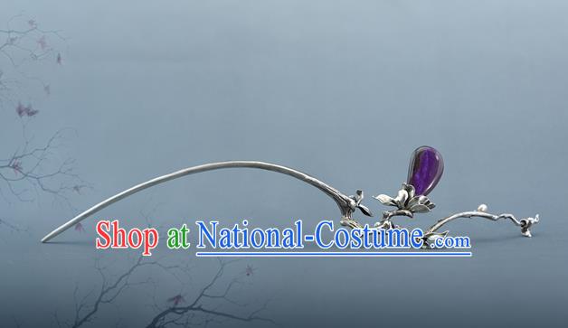 Chinese Traditional Hair Accessories National Silver Mangnolia Hair Stick Cheongsam Amethyst Hairpin