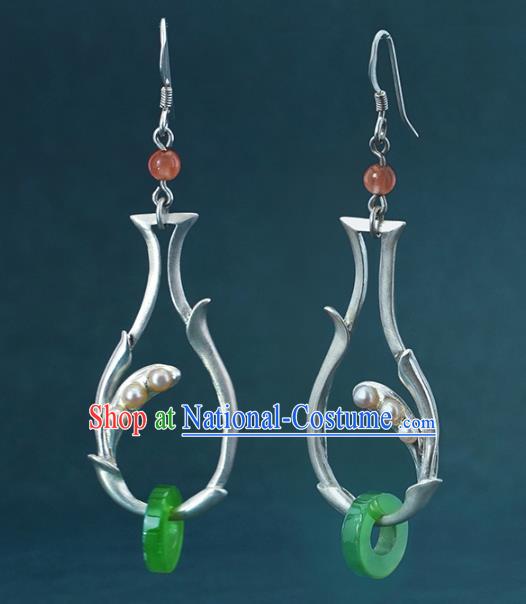 China Traditional Cheongsam Silver Vase Earrings Handmade Jadeite Ring Ear Accessories