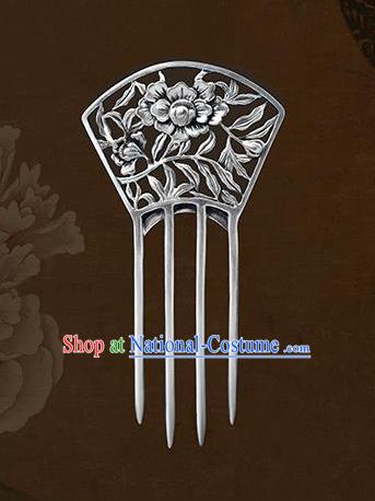 Chinese National Silver Hair Comb Cheongsam Carving Peony Hairpin Traditional Hair Accessories