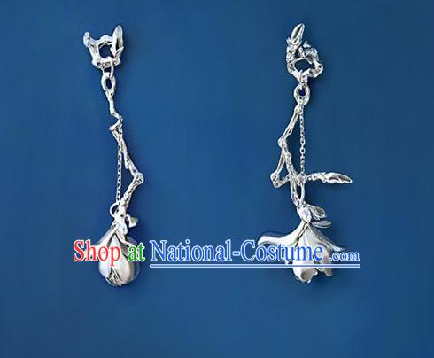 China Handmade Ear Accessories Traditional Cheongsam Silver Mangnolia Earrings