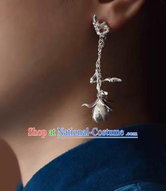 China Handmade Ear Accessories Traditional Cheongsam Silver Mangnolia Earrings