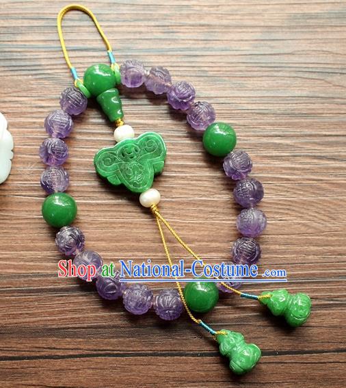 Chinese National Cheongsam Amethyst Brooch Traditional Qing Dynasty Jade Gourd Tassel Bracelet