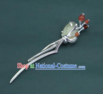 Chinese Traditional Hair Accessories Handmade Silver Hairpin National Cheongsam Hetian Jade Hair Comb