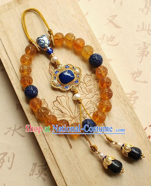 Chinese Traditional Qing Dynasty Topaz Beads Bracelet National Cheongsam Lapis Brooch