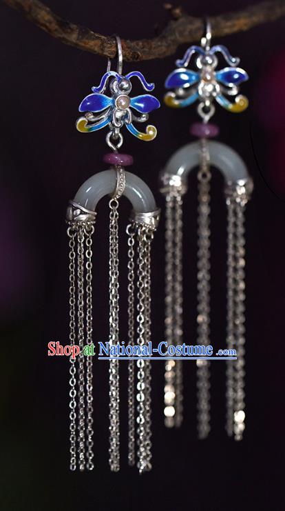 China Handmade Silver Tassel Ear Accessories Traditional Cheongsam Cloisonne Dragonfly Jade Earrings