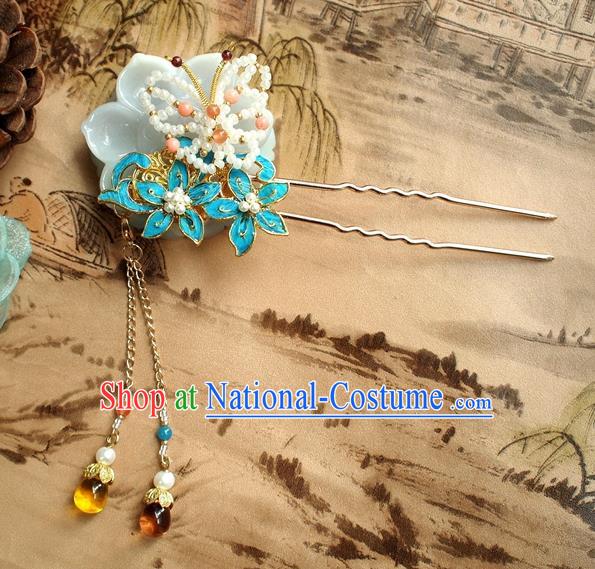 Chinese Handmade Ancient Princess Beads Butterfly Tassel Hairpin Traditional Qing Dynasty Court Hair Accessories