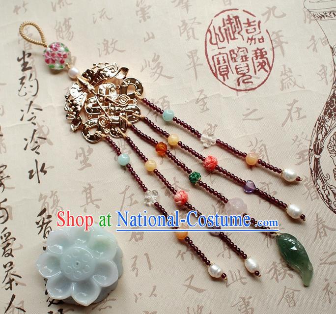 Chinese Traditional Jadeite Pendant Accessories National Cheongsam Garnet Tassel Brooch