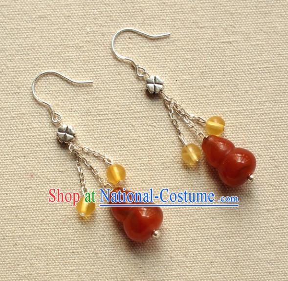 China Handmade Silver Ear Accessories Traditional Cheongsam Agate Gourd Earrings