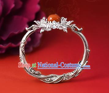 Chinese Traditional Silver Carving Peony Wristlet Accessories National Cheongsam Agate Bracelet