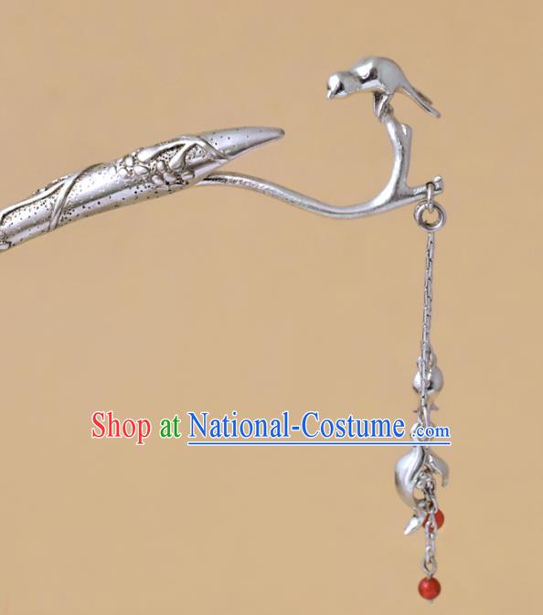 Chinese National Hair Stick Traditional Cheongsam Hair Accessories Handmade Silver Phoenix Head Tassel Hairpin