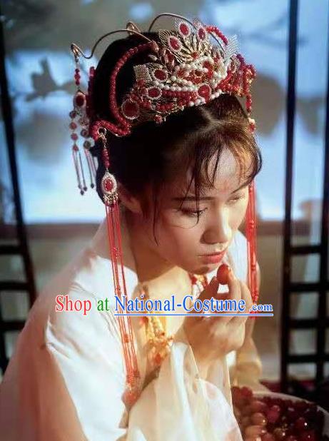 Chinese Ancient Princess Red Tassel Hair Crown Traditional Tang Dynasty Wedding Hair Accessories