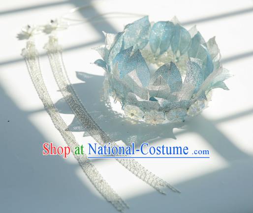 Chinese Ancient Princess Headdress Traditional Tang Dynasty Princess Blue Lotus Hair Crown