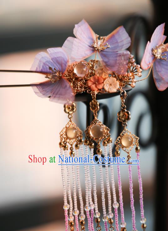 Chinese Traditional Ming Dynasty Lilac Silk Butterfly Hairpin Ancient Princess Beads Tassel Hair Stick