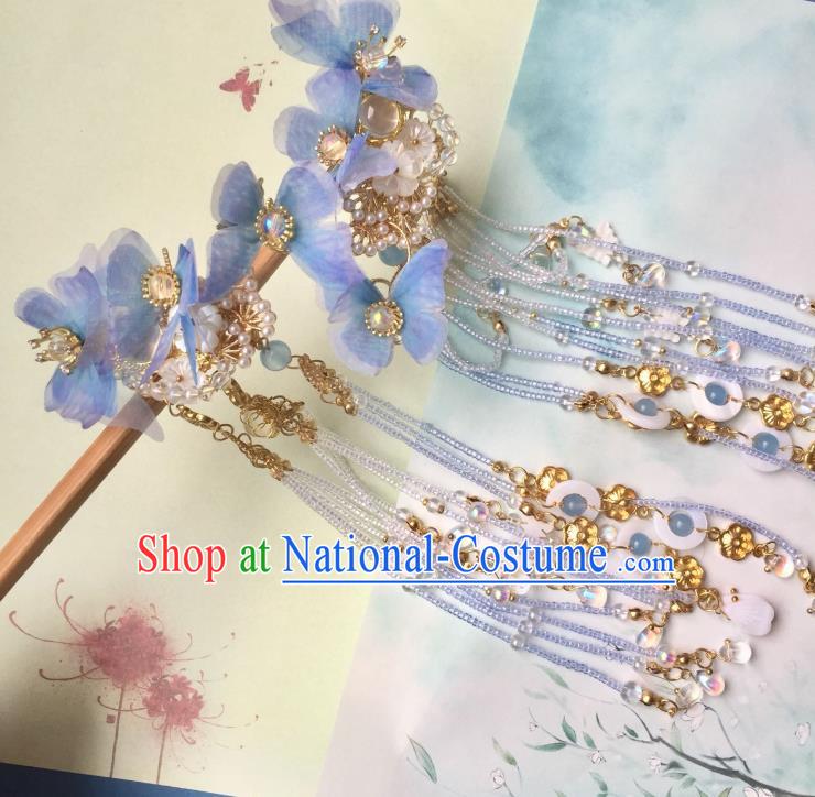 Chinese Traditional Ming Dynasty Blue Silk Butterfly Hairpin Ancient Princess Tassel Hair Claw