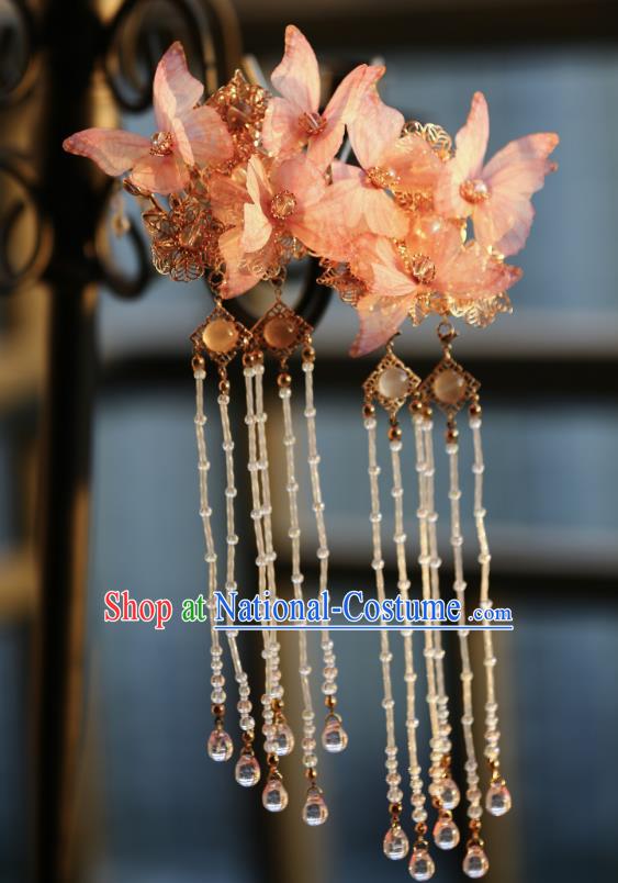 Chinese Ancient Princess Beads Tassel Hair Stick Traditional Hanfu Pink Silk Butterfly Hairpin