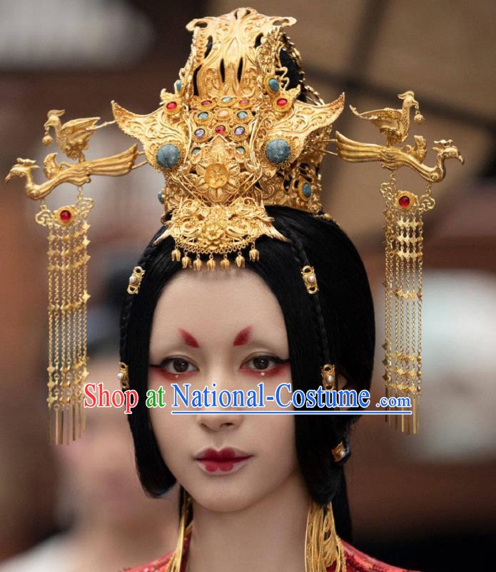 Chinese Ancient Imperial Empress Golden Hair Crown and Tassel Hairpins Movie Qing Ya Ji Princess Changping Headwear