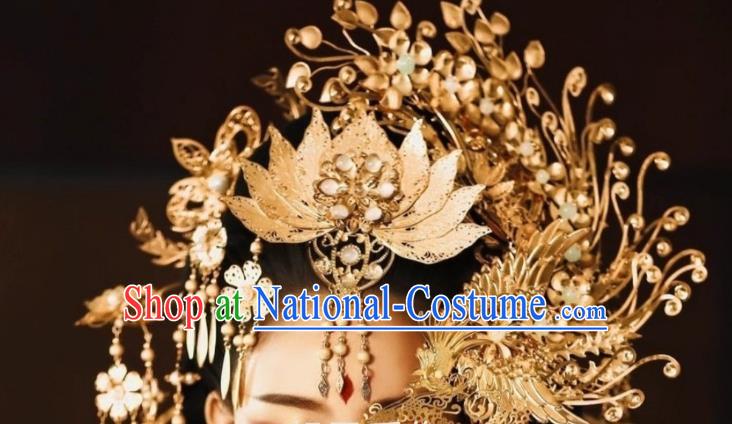 Chinese Ancient Imperial Concubine Golden Lotus Hair Crown and Tassel Hairpins Full Set