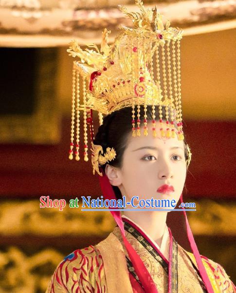 Chinese Drama Love and Redemption Headwear Ancient Queen Golden Dragon Tassel Hair Crown