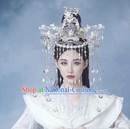 Chinese Drama Sansheng Sanshi Pillow Headwear Ancient Queen Goddess Bai Qian Wedding Argent Tassel Hair Crown