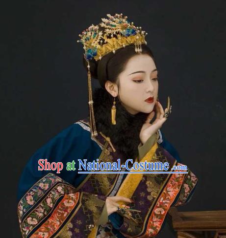 Chinese Qing Dynasty Queen Hair Accessories Ancient Imperial Concubine Blueing Phoenix Coronet