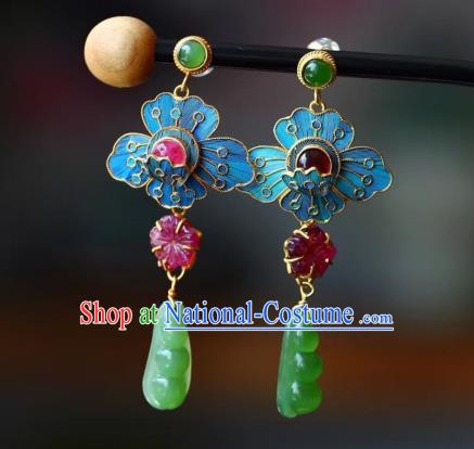 China Traditional Qing Dynasty Court Jadeite Earrings Handmade Tourmaline Ear Accessories