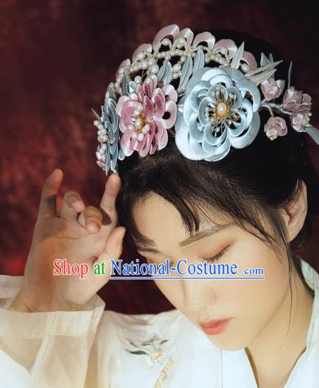 Chinese Traditional Song Dynasty Hair Accessories Ancient Princess Silk Peony Hair Crown