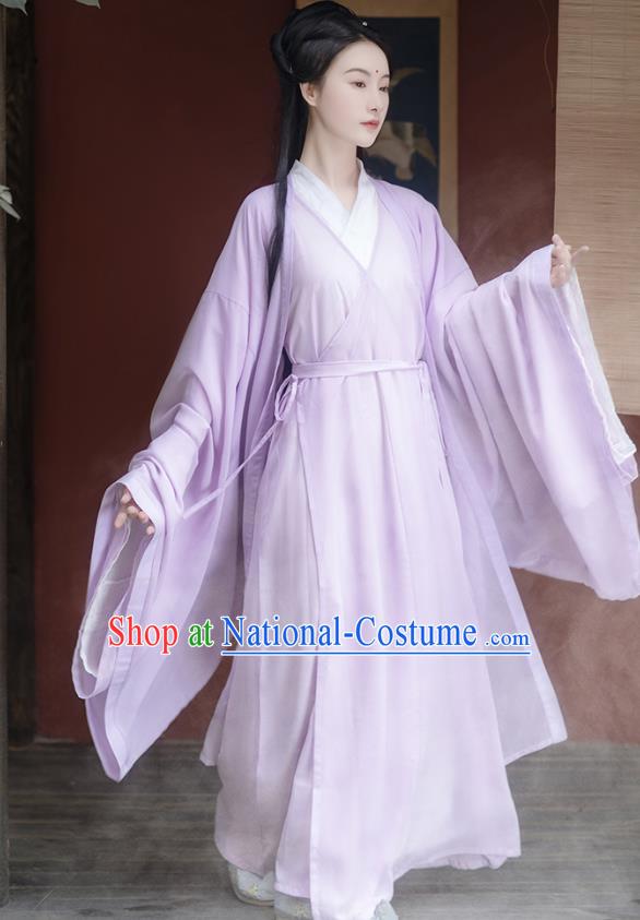 China Ancient Fairy Lilac Chiffon Hanfu Dress Traditional Jin Dynasty Young Beauty Historical Clothing