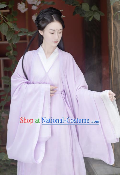 China Ancient Fairy Lilac Chiffon Hanfu Dress Traditional Jin Dynasty Young Beauty Historical Clothing