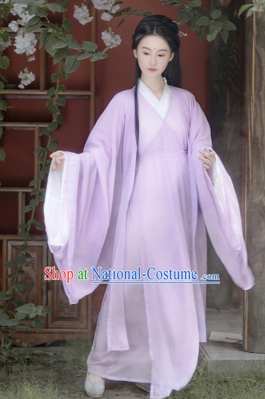 China Ancient Fairy Lilac Chiffon Hanfu Dress Traditional Jin Dynasty Young Beauty Historical Clothing