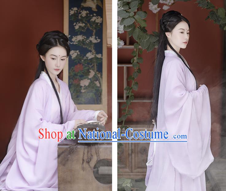 China Ancient Fairy Lilac Chiffon Hanfu Dress Traditional Jin Dynasty Young Beauty Historical Clothing