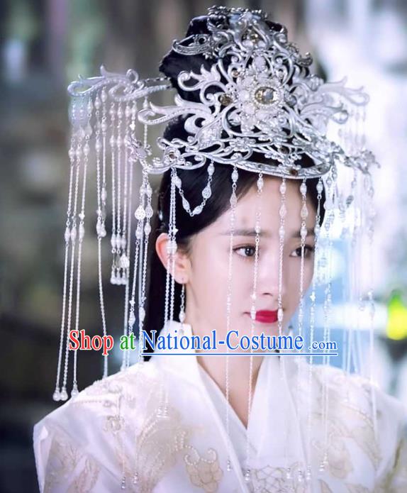 Chinese Ancient Goddess Wedding Argent Hair Crown Drama Sansheng Sanshi Pillow Bai Qian Hair Accessories