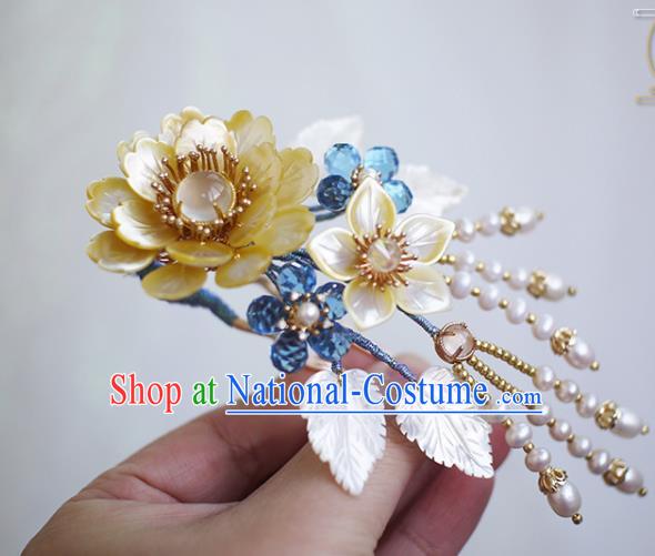 Chinese Ancient Princess Pearls Hairpin Traditional Hanfu Yellow Shell Peony Hair Stick