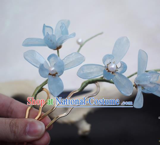 Chinese Ancient Palace Lady Hairpin Traditional Hanfu Blue Orchids Hair Stick