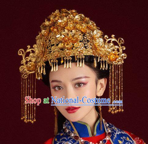 Chinese Traditional Wedding Headwear Ancient Ming Dynasty Bride Golden Phoenix Coronet