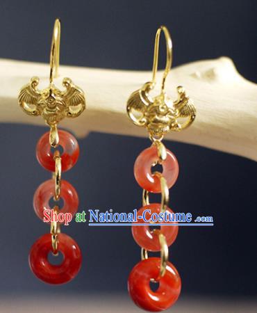 China Handmade Agate Rings Earrings Traditional Qing Dynasty Golden Bat Ear Jewelry