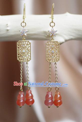 China Handmade Agate Gourd Tassel Earrings Traditional Ming Dynasty Empress Ear Jewelry