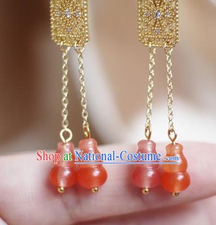 China Handmade Agate Gourd Tassel Earrings Traditional Ming Dynasty Empress Ear Jewelry