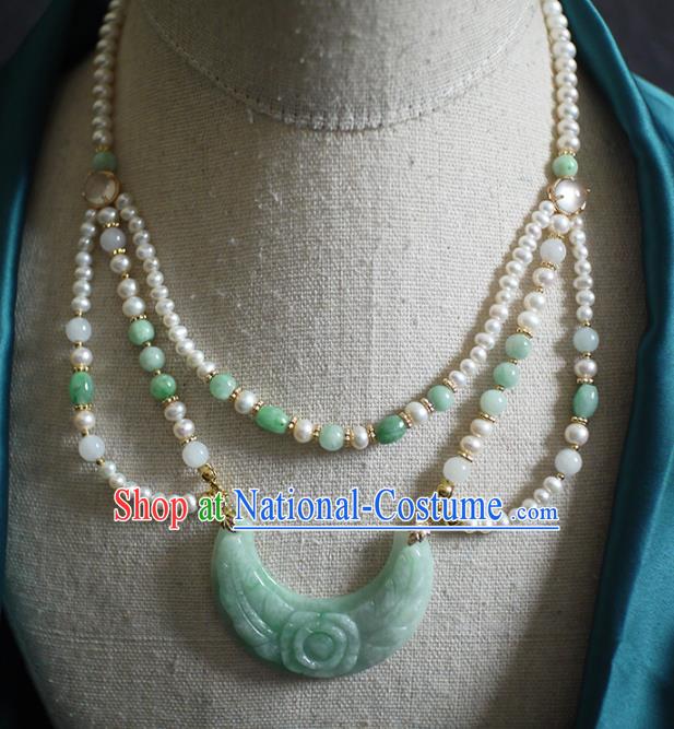 Chinese Traditional Ming Dynasty Jade Carving Necklace Accessories Ancient Princess Pearls Necklet