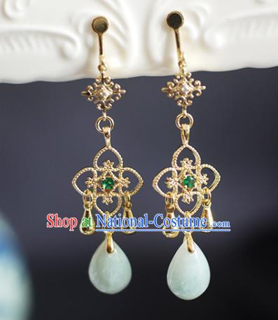 China Handmade Jadeite Earrings Traditional Ming Dynasty Golden Clover Ear Jewelry