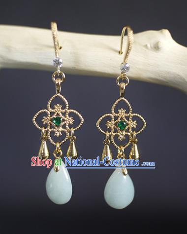 China Handmade Jadeite Earrings Traditional Ming Dynasty Golden Clover Ear Jewelry