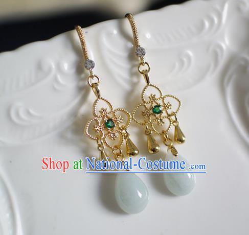 China Handmade Jadeite Earrings Traditional Ming Dynasty Golden Clover Ear Jewelry