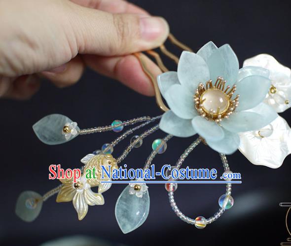 Chinese Ancient Princess Beads Shell Goldfish Hairpin Traditional Ming Dynasty Aquamarine Lotus Hair Comb