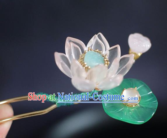 Chinese Traditional Ming Dynasty Pink Lotus Hair Stick Ancient Princess Jade Leaf Hairpin